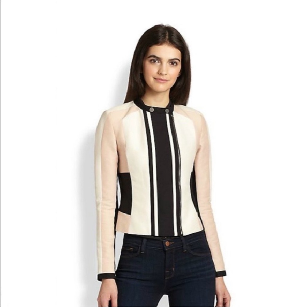BCBGMAXAZRIA Erin Moto Style Jacket Black
White & Pink Color Block Size M